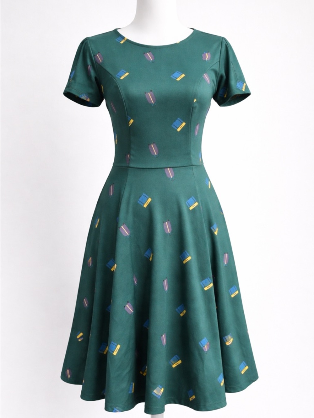 Unique Vintage x GB Green Suitcase Print Fit & Flare Skater Dress Sz S Novelty